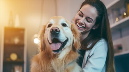 Beautiful Female Veterinarian Petting a Noble Golden Retriever Dog. Healthy Pet on a Check Up Visit in Veterinary Clinic. Generative AI - obrazy, fototapety, plakaty