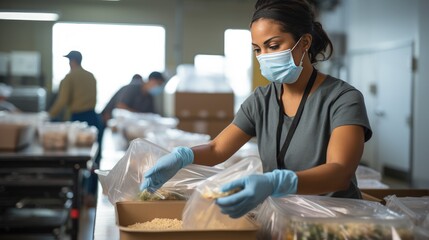 Black  Female Volunteer Preparing Free Food Delivery for Low Income People. Charity Workers and Members of the Local Humanitarian Aid Donation Center. Generative AI