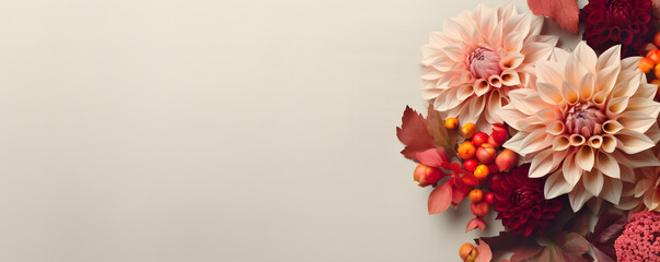 Autumn floral banner, template for business brand marketing advertising. Bouquet with red, pink dahlia flower, orange berries, brown fall leaves on neutral beige blurred linen cloth background  - obrazy, fototapety, plakaty