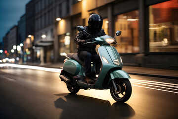 Motorcyclist in black jacket and helmet riding a scooter on the street