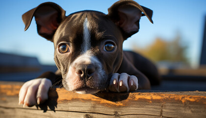 Cute puppy sitting outdoors, looking at camera, purebred and small generated by AI