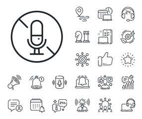 Mute mic sign. Place location, technology and smart speaker outline icons. No microphone line icon. No voice record symbol. No microphone line sign. Influencer, brand ambassador icon. Vector