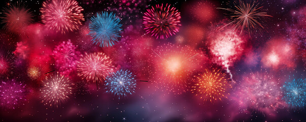 Naklejka na ściany i meble Firework explosion in the night sky celebrating happy new year created by ai