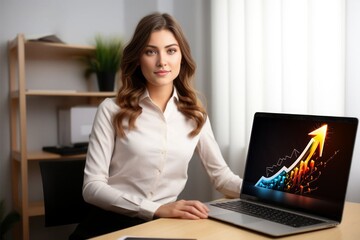 Mujer de negocios trabajanco en su laptop mostrando el gráfico de su crecimiento en ventas y rentabilidad. Emprendedora exitosa. Trabaja desde su casa y gana buen dinero. La mujer es muy bella.