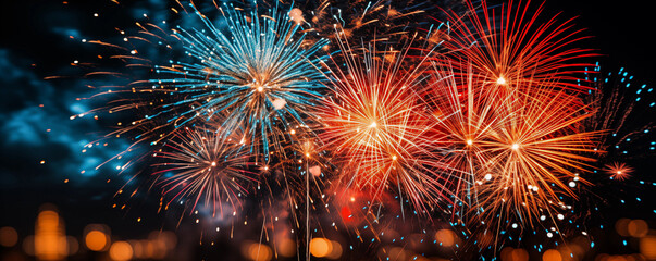 Fototapeta premium Firework explosion in the night sky celebrating happy new year created by ai