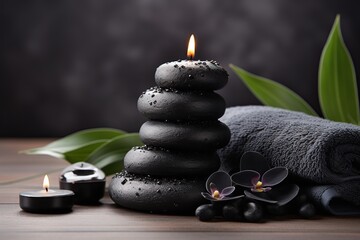 Spa stones with towels and candles on wooden background - obrazy, fototapety, plakaty
