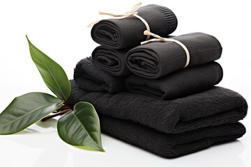 Stack of folded towels with green leaves on white background - Powered by Adobe
