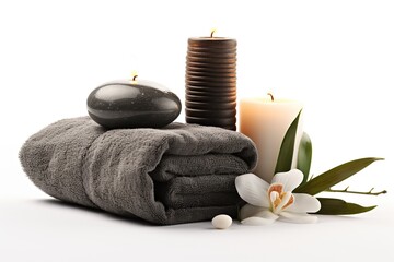 Obraz na płótnie Canvas Spa stones with towels and candles on white background