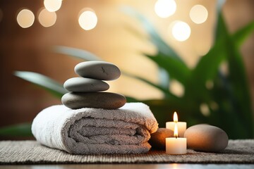 Spa stones with towels and candles on blurred background