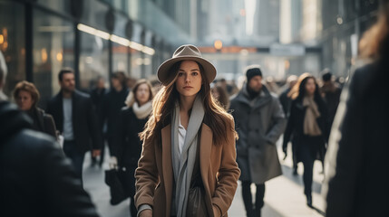 Portrait of a woman walking in modern city, dynamic movement, motion blur, cinematic colors, crowded street.