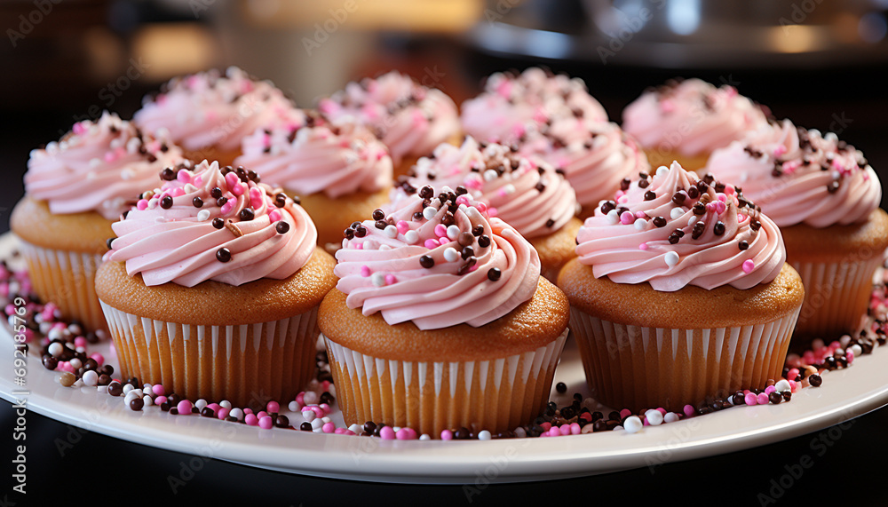 Canvas Prints freshly baked cupcakes with pink icing and chocolate decoration generated by ai