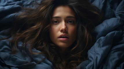 Naklejka premium Night Terrors Scared Young Woman Waking, Background HD For Designer 