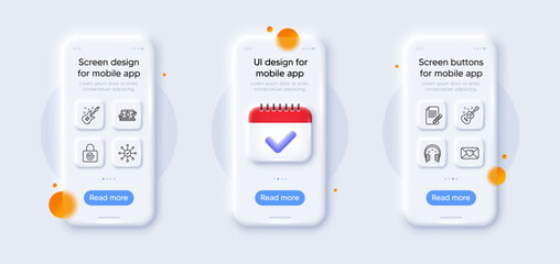 Survey check, Article and Valentine line icons pack. 3d phone mockups with calendar. Glass smartphone screen. Electric guitar, Password encryption, Guitar web icon. Vector