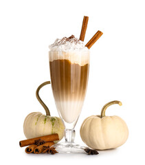 Glass of tasty pumpkin latte with cinnamon and star anise on white background