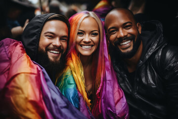 portrait of a girl at a gay pride parade, happy and joyful emotions with friends, LGBT concept - obrazy, fototapety, plakaty