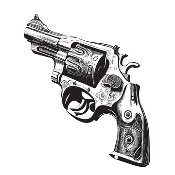 Vintage revolver sketch hand drawn in doodle style illustration