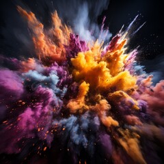 Fototapeta na wymiar Abstract dynamic explosion of colored powder, Concept: background for creative projects, festival advertising and illustrations of energy and movement. Banner with copy space
