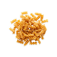 A heap of whole wheat fusilli pasta on white background. 