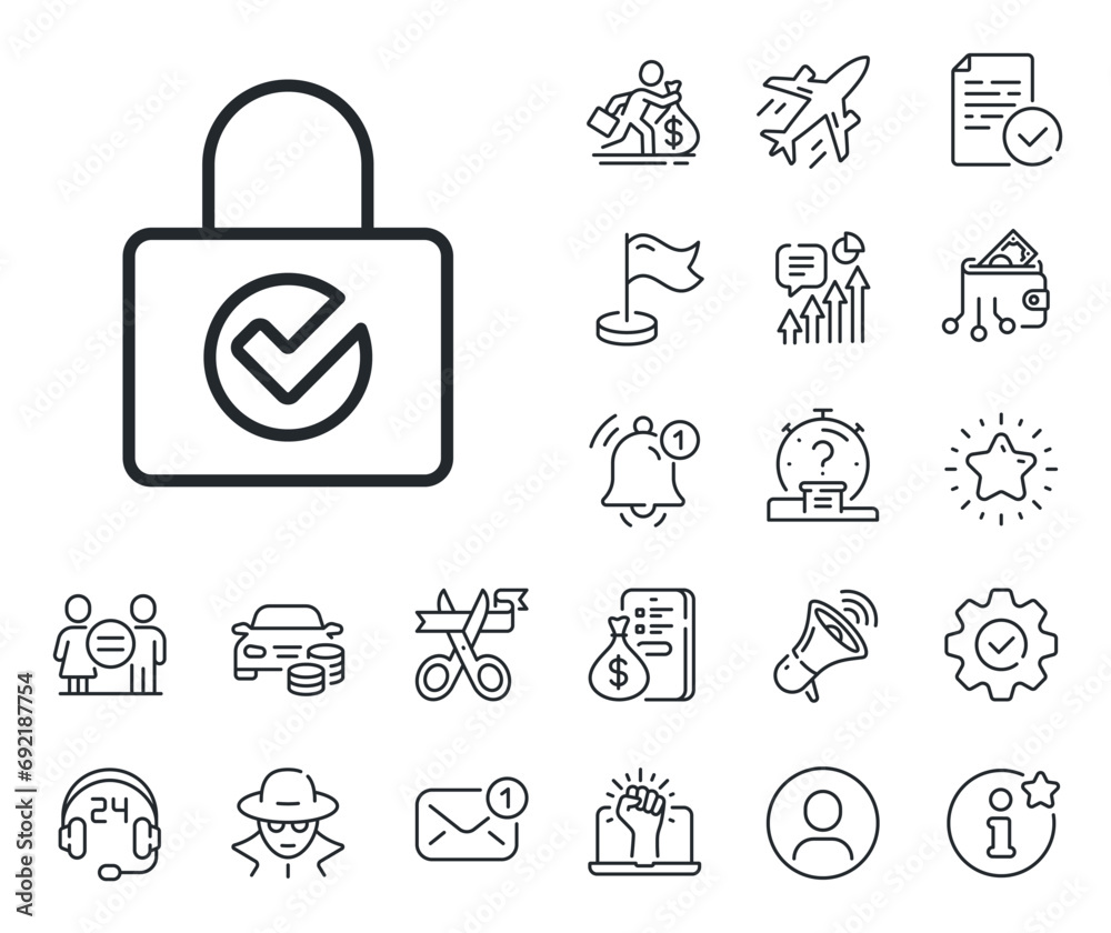 Poster private locker sign. salaryman, gender equality and alert bell outline icons. lock with check line i