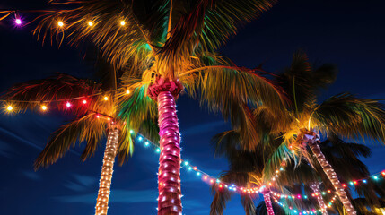 Christmas Lights on a Palm Tree at Night 