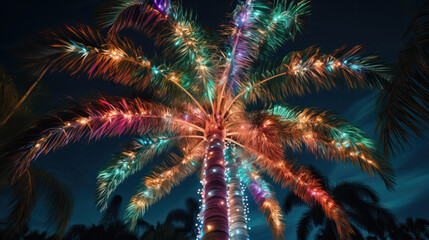 Christmas Lights on a Palm Tree at Night 