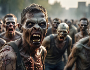 a zombie mob attacks a suburban town - generative AI	