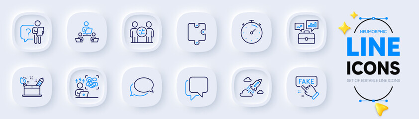 Timer, Teamwork and Startup rocket line icons for web app. Pack of Messenger, Talk bubble, Puzzle pictogram icons. Business portfolio, Search employee, Creativity concept signs. Vector