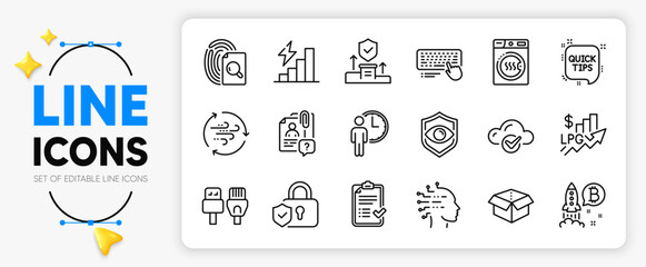 Artificial intelligence, Security lock and Security agency line icons set for app include Waiting, Wind energy, Quick tips outline thin icon. Open box, Computer cables. Vector