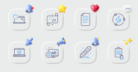 Website education, Target path and Medical analytics line icons. Buttons with 3d bell, chat speech, cursor. Pack of File, Brand contract, Clipboard icon. Vector