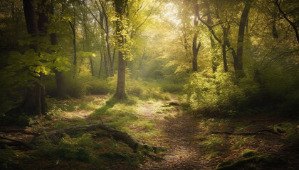 Tranquil forest footpath, autumn leaves, mystery in the fog generative AI