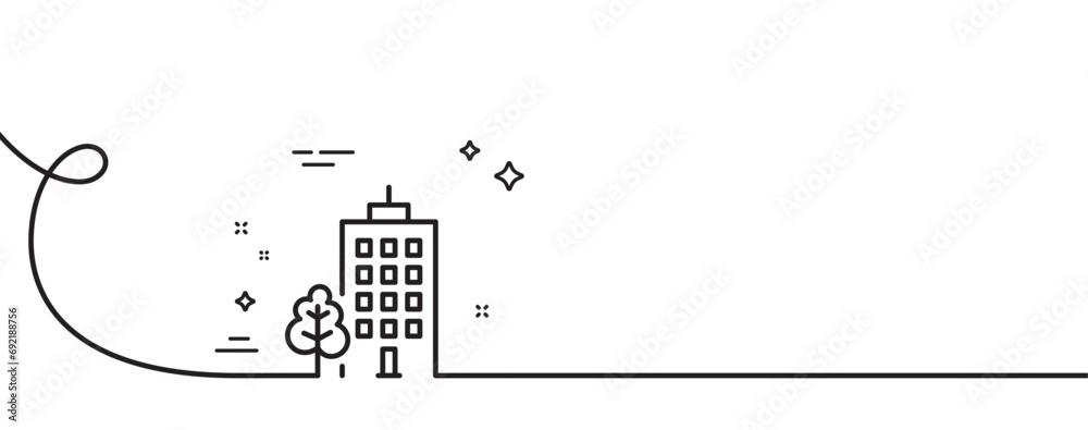 Poster skyscraper buildings line icon. continuous one line with curl. city architecture with tree sign. tow