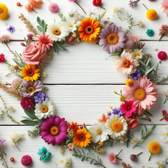 Fototapeta premium Spring theme with colorful flowers on a rustic wooden background. AI generated