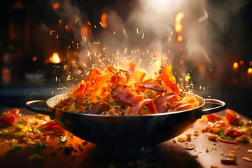 Tuinposter A frying pan with Chinese noodles, meat and vegetables, sparks of fire and ingredients flying around. © Evgeniya Uvarova
