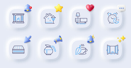 Alarm, Mint tea and Dresser line icons. Buttons with 3d bell, chat speech, cursor. Pack of Open door, Street light, Mattress icon. Fireplace, Coffeepot pictogram. For web app, printing. Vector