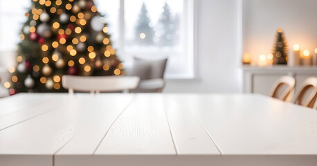 Empty white wooden table top with defocused modern dinning room and Christmas tree in the background for design, display or montage your products.Generative AI