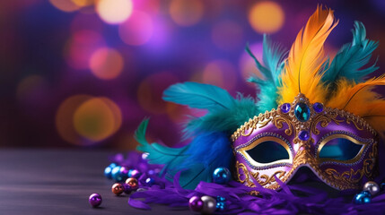 copy space, Colorful Mardi Gras mask with beads and feathers decor on a background, perfect for carnival, Mardi Gras, party, celebration, and theme-related concepts. Carnival background.