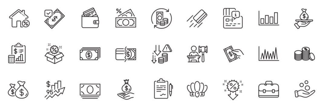 Icons pack as Auction, Payment methods and Card line icons for app include Donation money, Sale, Crown outline thin icon web set. Rise price, Discount, Change money pictogram. Clipboard. Vector