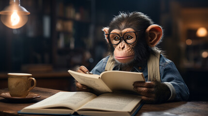 A curious primate, engrossed in a picture book, is a reminder that intelligence is not limited to humans. ai generated. - obrazy, fototapety, plakaty