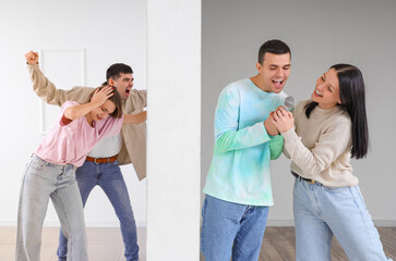 Young couple suffering from loud neighbours singing at home