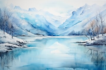  Icy Winter Snowy Mountain Landscape Watercolor Painting with Lake- Wall Art - Poster - Printable - Print - Wallpaper - Background - Artwork 