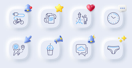 Panties, Coffee cocktail and Electric bike line icons. Buttons with 3d bell, chat speech, cursor. Pack of Flight sale, Time, Fireworks icon. Weather forecast, Bureaucracy pictogram. Vector