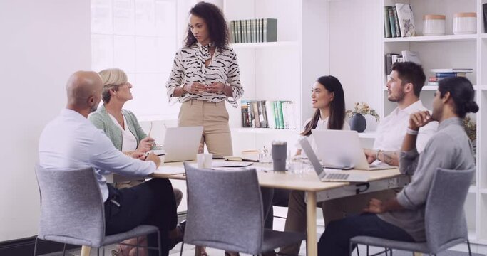 Meeting, presentation and training with a business team in the boardroom together for a seminar. Collaboration, diversity and upskill with an employee group in their company office for a workshop