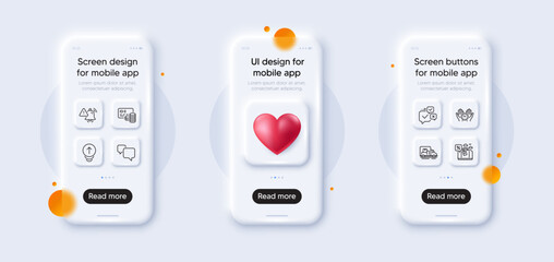 Card, Safe time and Speech bubble line icons pack. 3d phone mockups with heart. Glass smartphone screen. Attention bell, Online voting, Swipe up web icon. Vector - obrazy, fototapety, plakaty