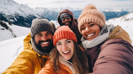 A cheerful group of friends in the snowy mountains laugh and take selfies. Friendship and relationships. Multinational.