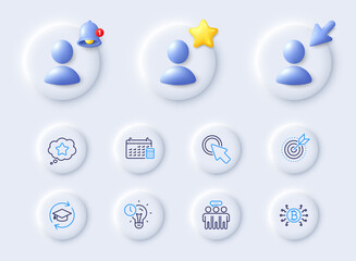 Bitcoin system, Time management and Click here line icons. Placeholder with 3d cursor, bell, star. Pack of Employees group, Calendar, Loyalty star icon. Vector