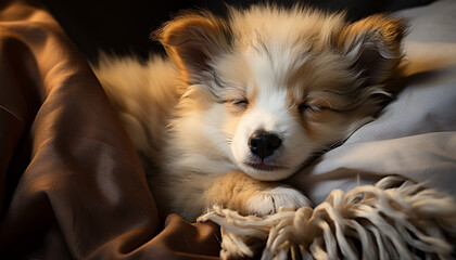 Cute puppy sleeping on a comfortable bed, looking adorable generated by AI