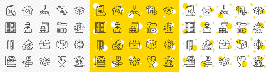 Outline Lighthouse, Battery and Entrance line icons pack for web with Mobile inventory, House dimension, Opened box line icon. Quality, Package box, Inspect pictogram icon. Vector