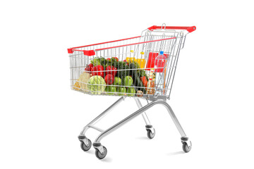 Shopping cart full of food on white background