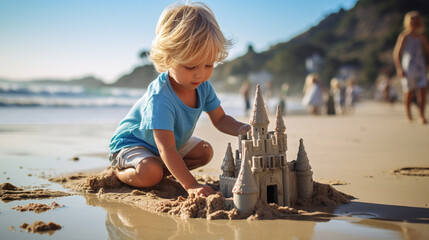 Building sandcastles on the beach is a timeless childhood tradition, a chance to let imagination run wild and create something beautiful. ai generated. - obrazy, fototapety, plakaty
