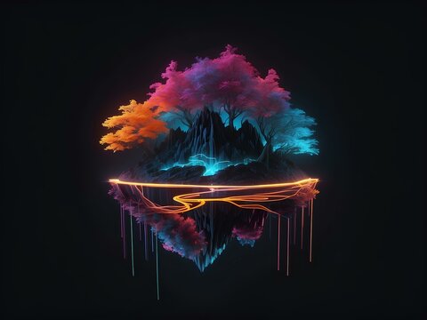 transparent glowing island, glowing lines, black background, for design, isolated